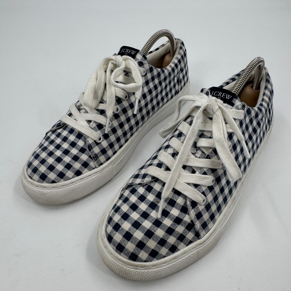 J.Crew Gingham Low Top Sneaker Womens 8 Navy White Checkered BG338 Lace‎ Up